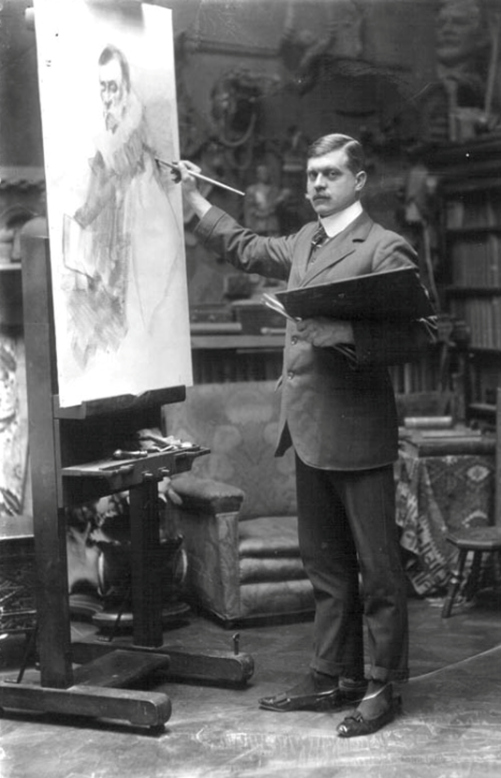 John Hassall photographed in his studio on 24 July 1909