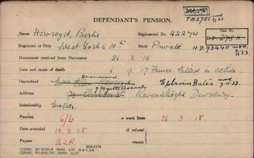 Pension Card for Bertie Howroyd from The Western Front digital archive on Ancestry's Fold3