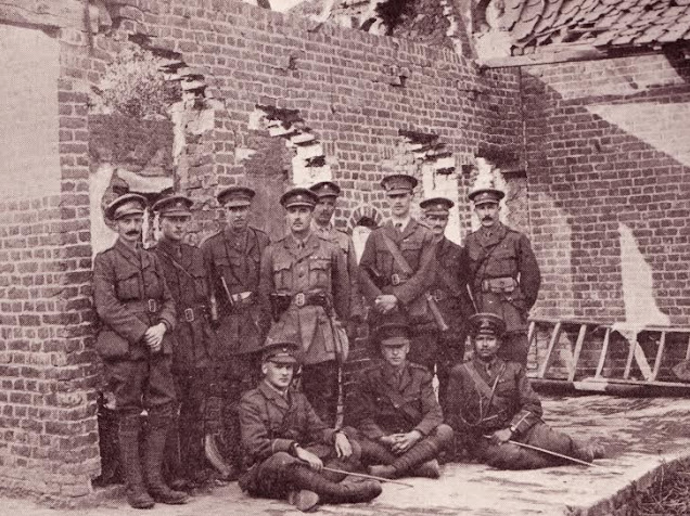 Rana Jodha (seated far right) with British officers of the Garhwal Rifles at Pont du Hem France 1915' - Photo credit Ashok Nath Foundation, Sweden
