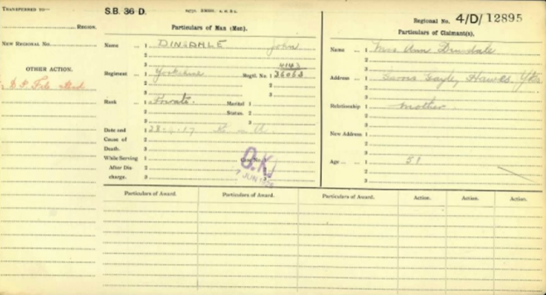 Pension Record Card for John Dinsdale from The Western Front Association Records on Ancestry's Fold3