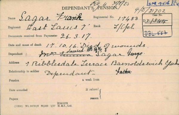 Pension Card provided by The Western Front Association on the Fold3 platform by Ancestry