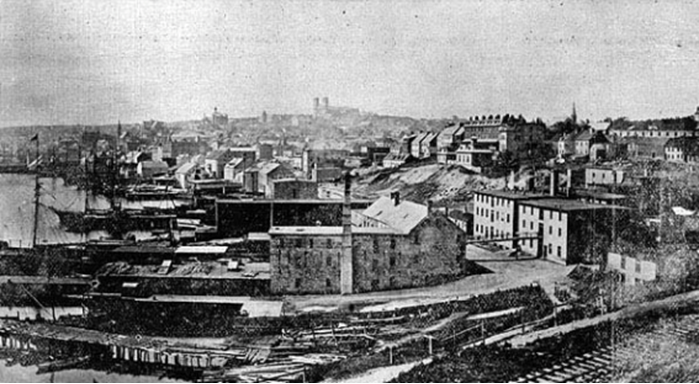 St. John's Looking West, Before 1892 Looking west from the east end of St. John's before the Great Fire of 1892. Photo courtesy of Library and Archives Canada (C-021335).