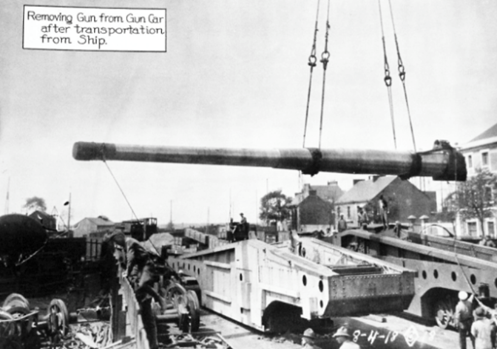 Lot-5363-16: Following Transportation by Ship  U.S. Navy 14” Naval Railway Battery MK1. Shown: Removing gun from gun car after transportation from ship