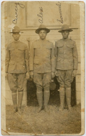 Photograph of Wright Cuney Price (left) and two other men. [Three World War I Veterans in Uniform], photograph, Date Unknown; (https://texashistory.unt.edu/ark:/67531/metapth246590/: accessed February 13, 2020), University of North Texas Libraries, The Portal to Texas History, https://texashistory.unt.edu; crediting Price Johnson Family Collection.