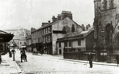 Church Street looking north from St Leonard's, c. 1900. The Old Black Bull is next to the church.