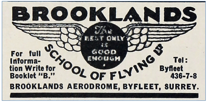 Brooklands Flying School Advertisement from https://www.gracesguide.co.uk/File:Im19340118FL-Brooklands.jpg#filelinks