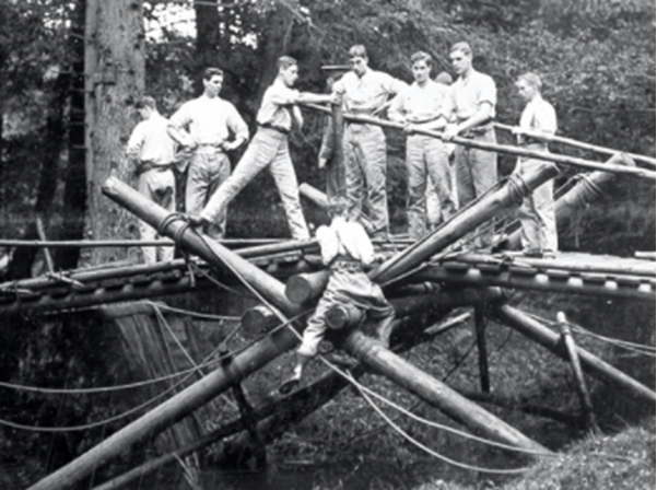 Cadets undertaking a bridge-building exercise at Sandhurst, 1911 (National Army Museum)