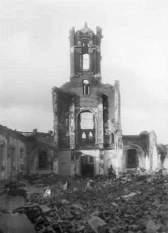 The ruined church at Houplines, near Armentieres, in France, in January 1917.