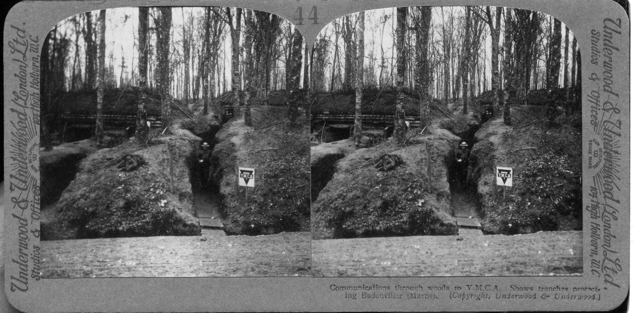Commnunications through woods to Y.M.C.A. Shows trenches protecting Badonviller (Marne)