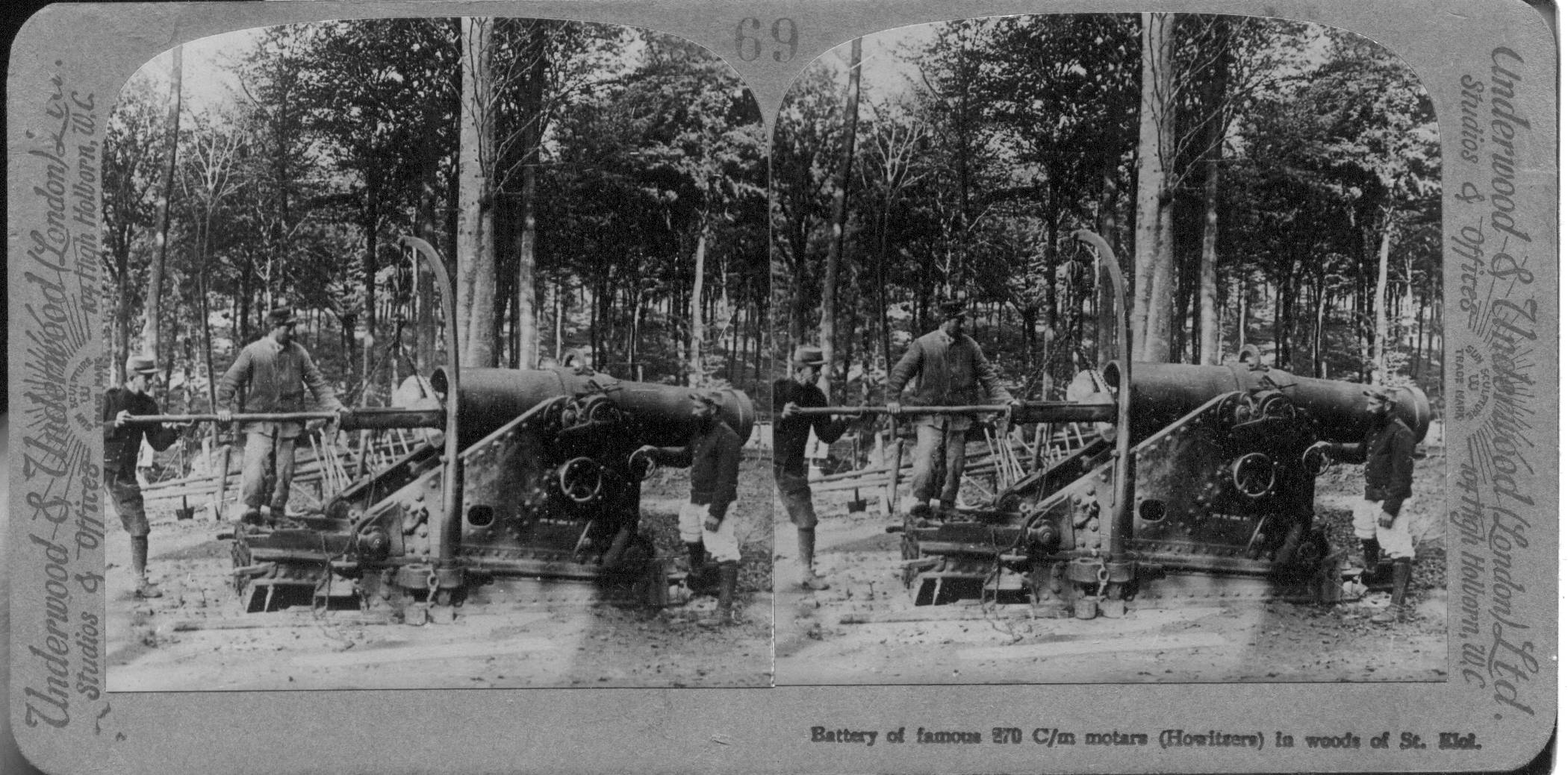 Battery of famous 270 C/m motars (sic) (Howitzers) in woods of St. Eloi