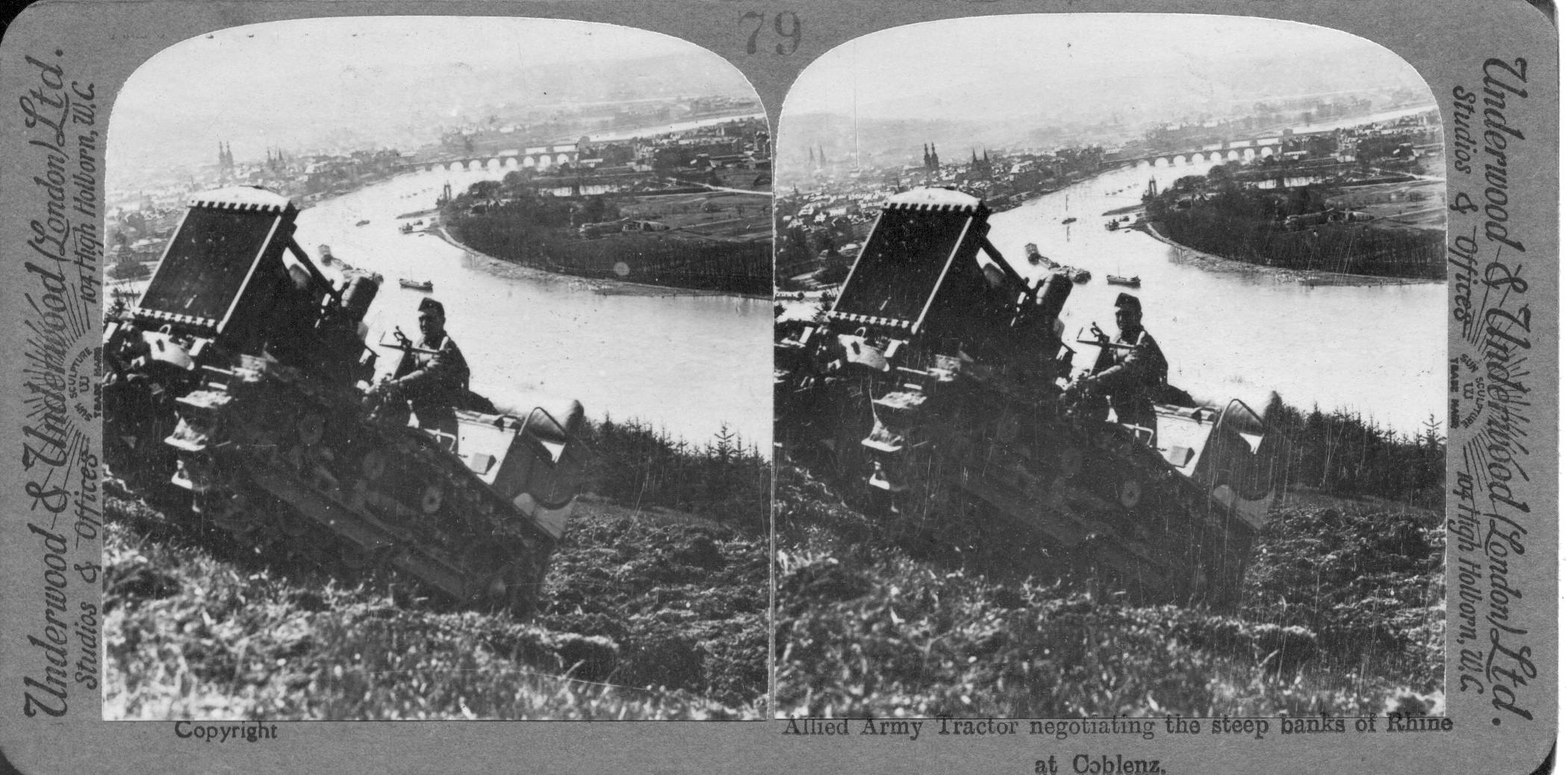 Allied Army Tractor negotiating the steep banks of Rhine at Coblenz