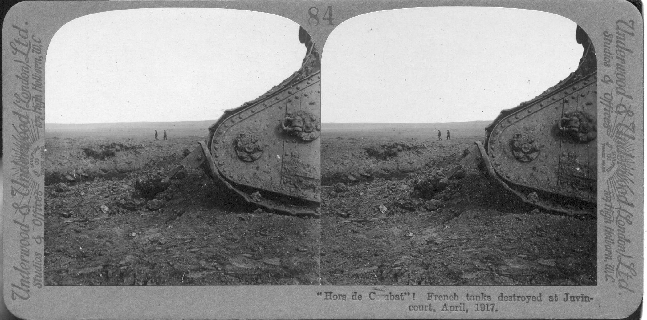 "Hors de Combat"! French tanks destroyed at Juvincourt, April, 1917