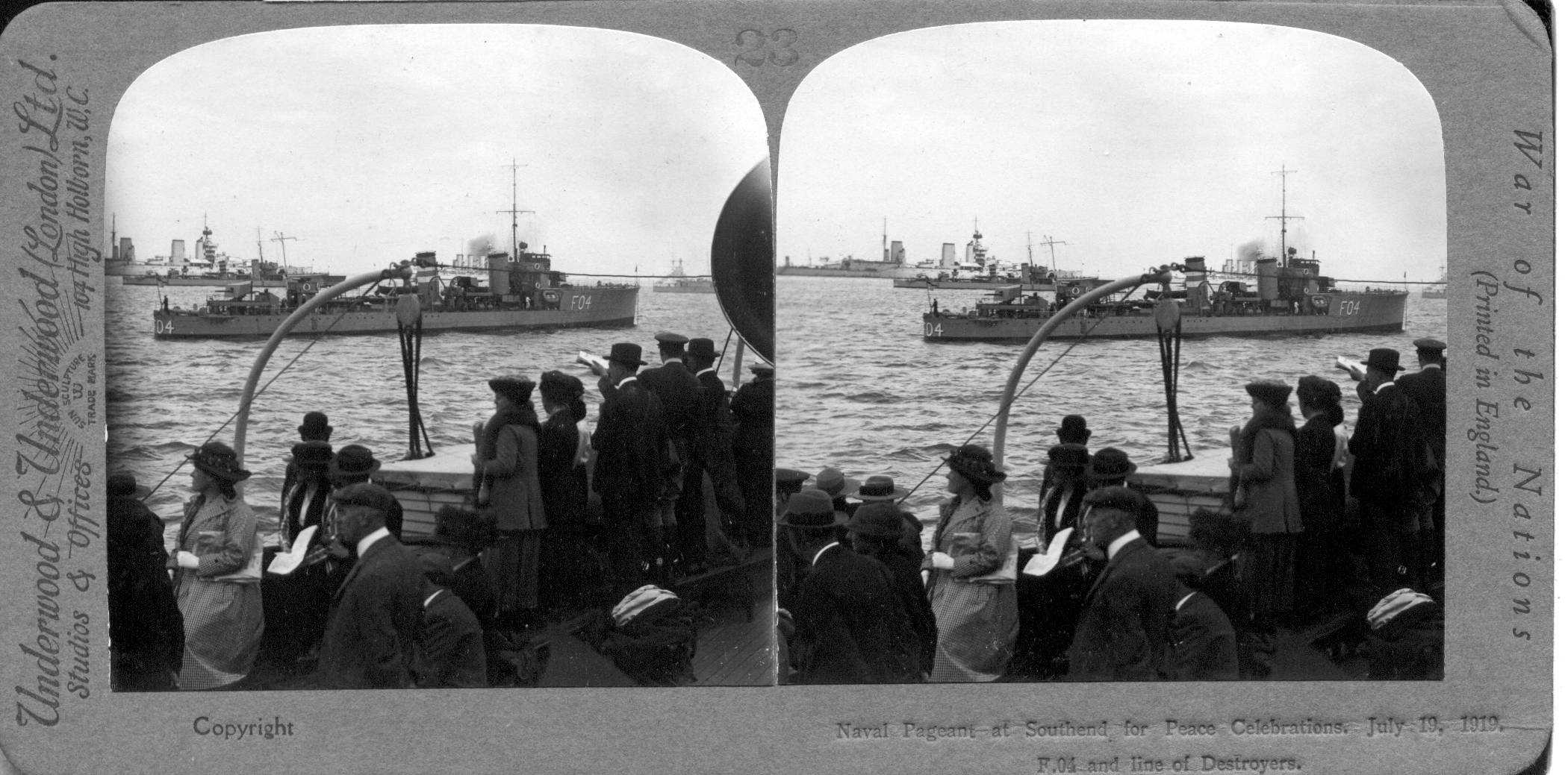 Naval Pageant at Southend for Peace Celebrations. July 19, 1919, F-04 and line of Destroyers