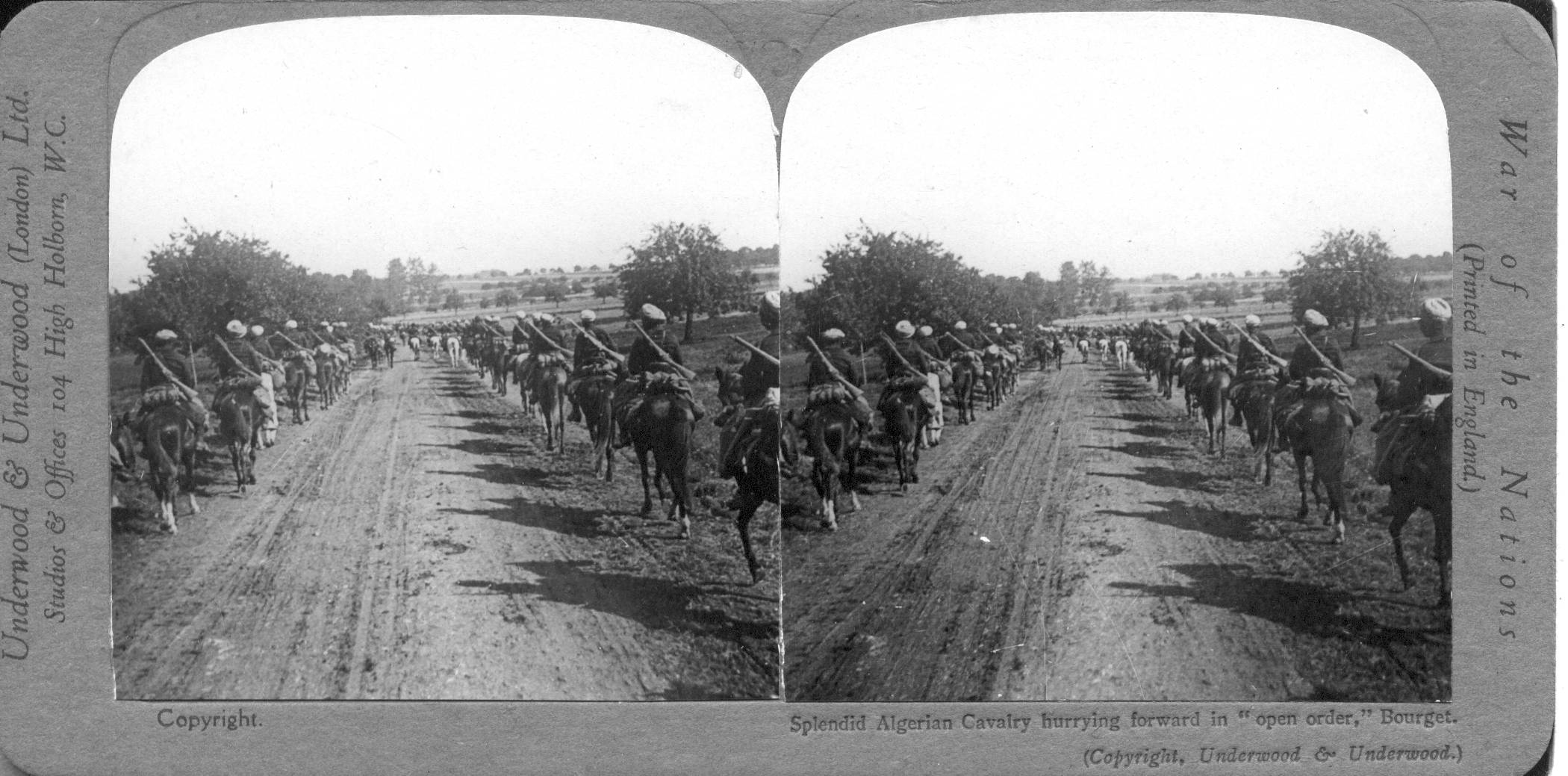 Splendid Algerian Cavalry hurrying forward in "open order," Bourget