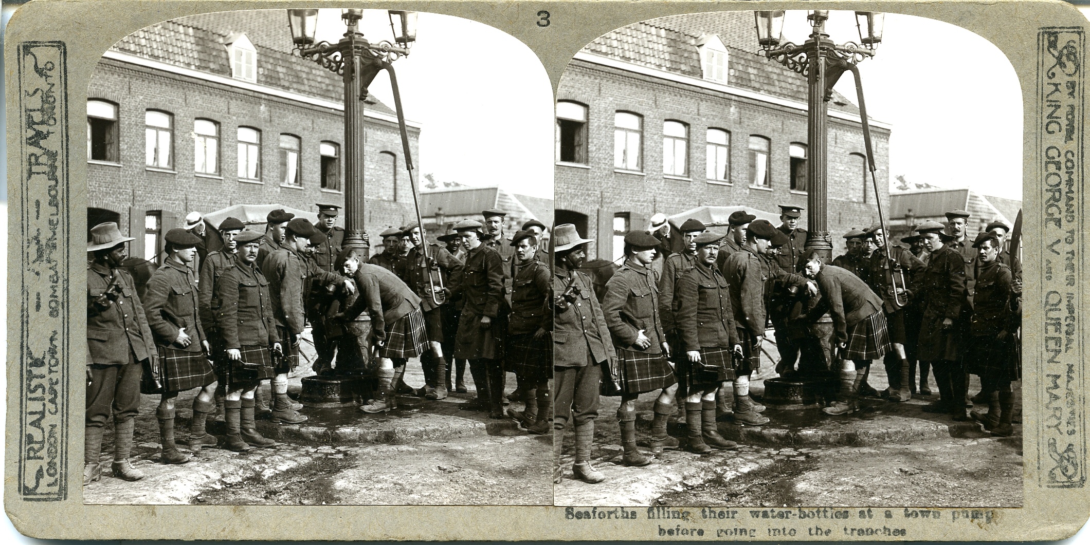 Seaforths fill their water bottles at the town pump La Gorgue, before going into the trenches