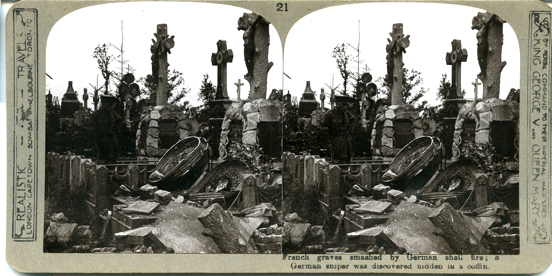 French graves smashed by shell fire, where a Hun sniper was discovered hiding in a coffin