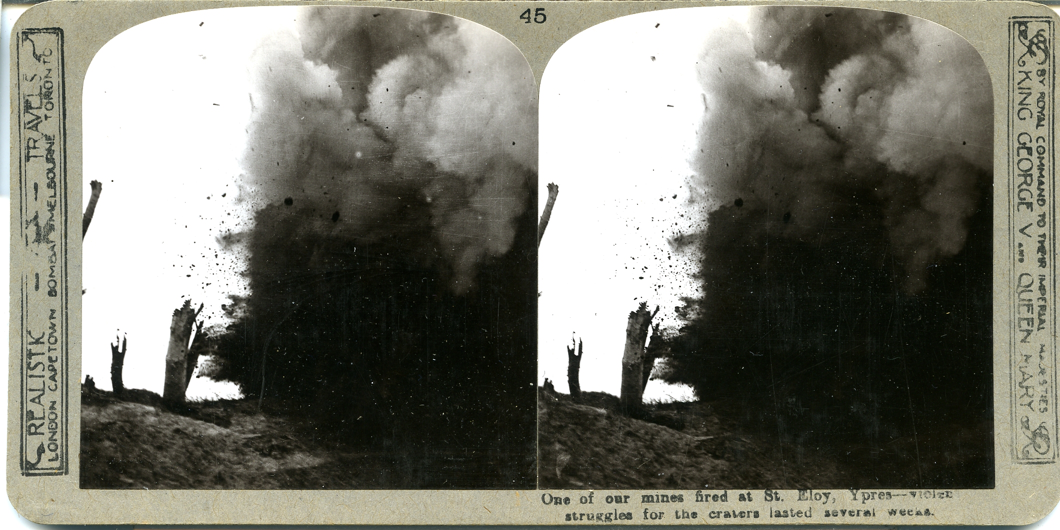 Our mine, fired during furious thrusts for St. Eloy, blots out a Jerry machine-gun nest, Ypres