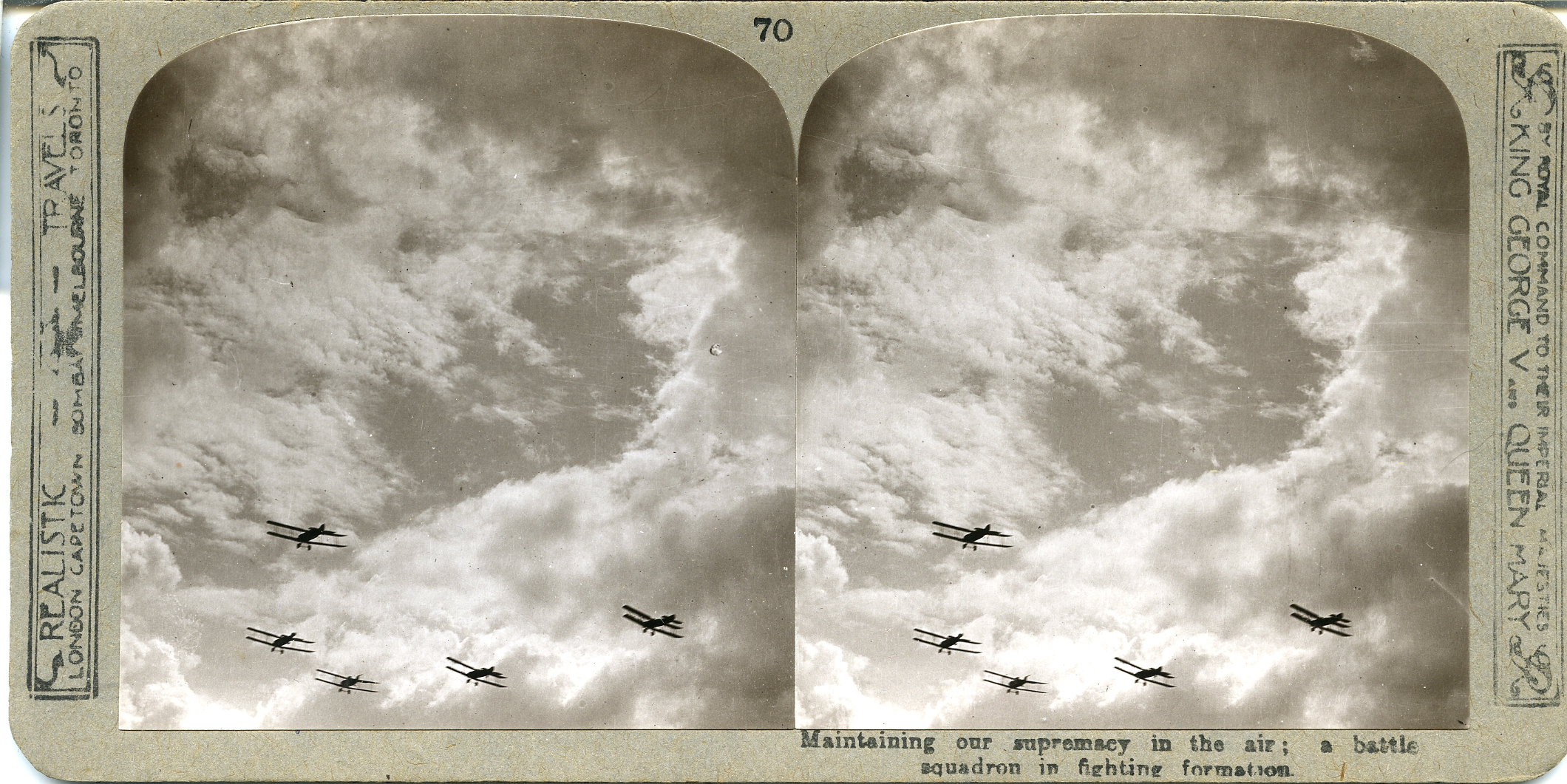 Maintaining our supremacy in the air, a squadron of battle-planes in fighting formation