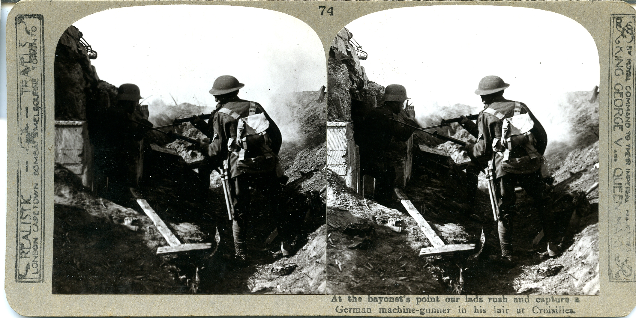 At the bayonet's point our troops surprise a Jerry machine gunner in his den at Croiselles
