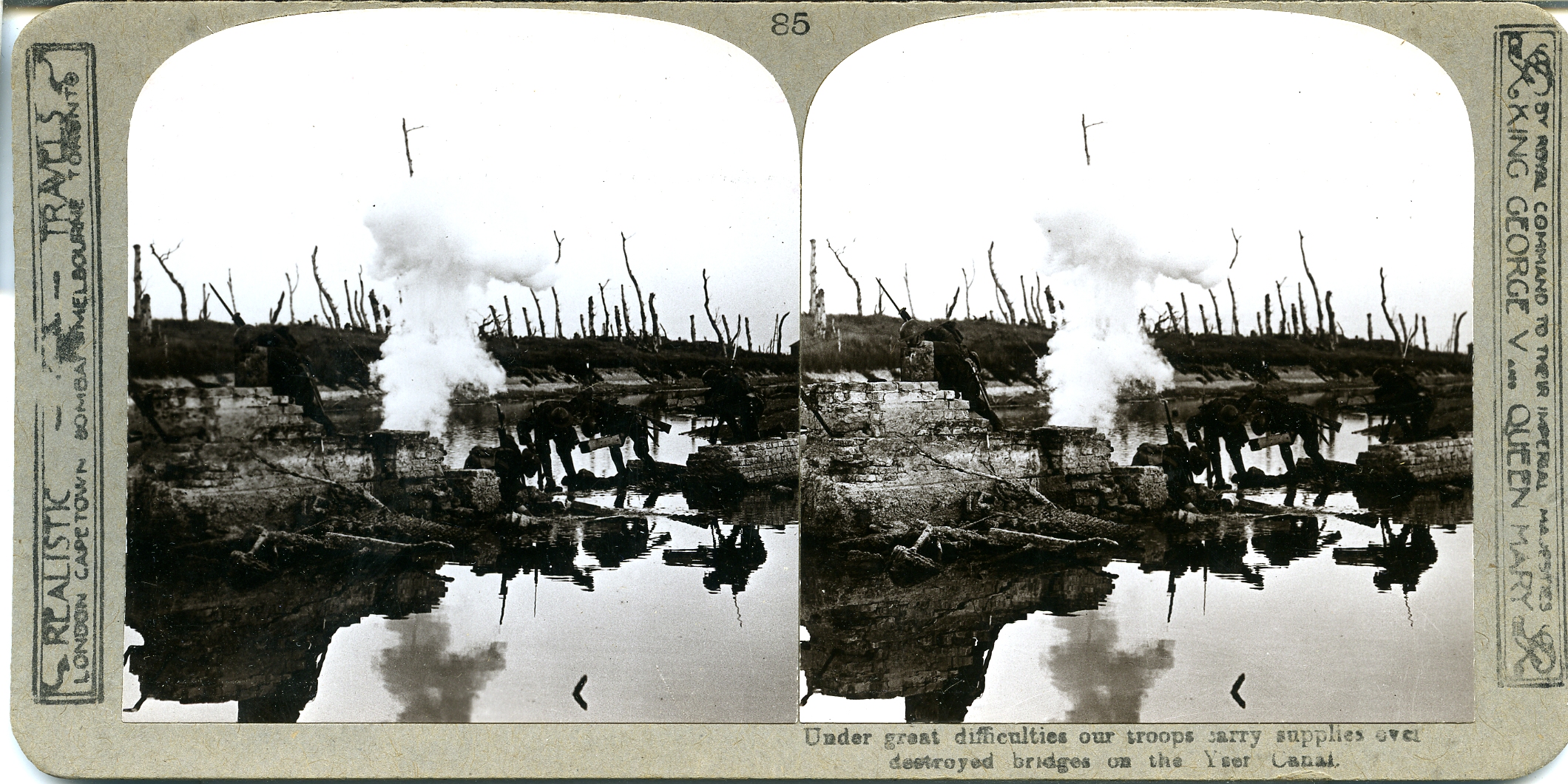 Under frightful difficulties, our troops carry supplies over destroyed bridges on Yser Canal