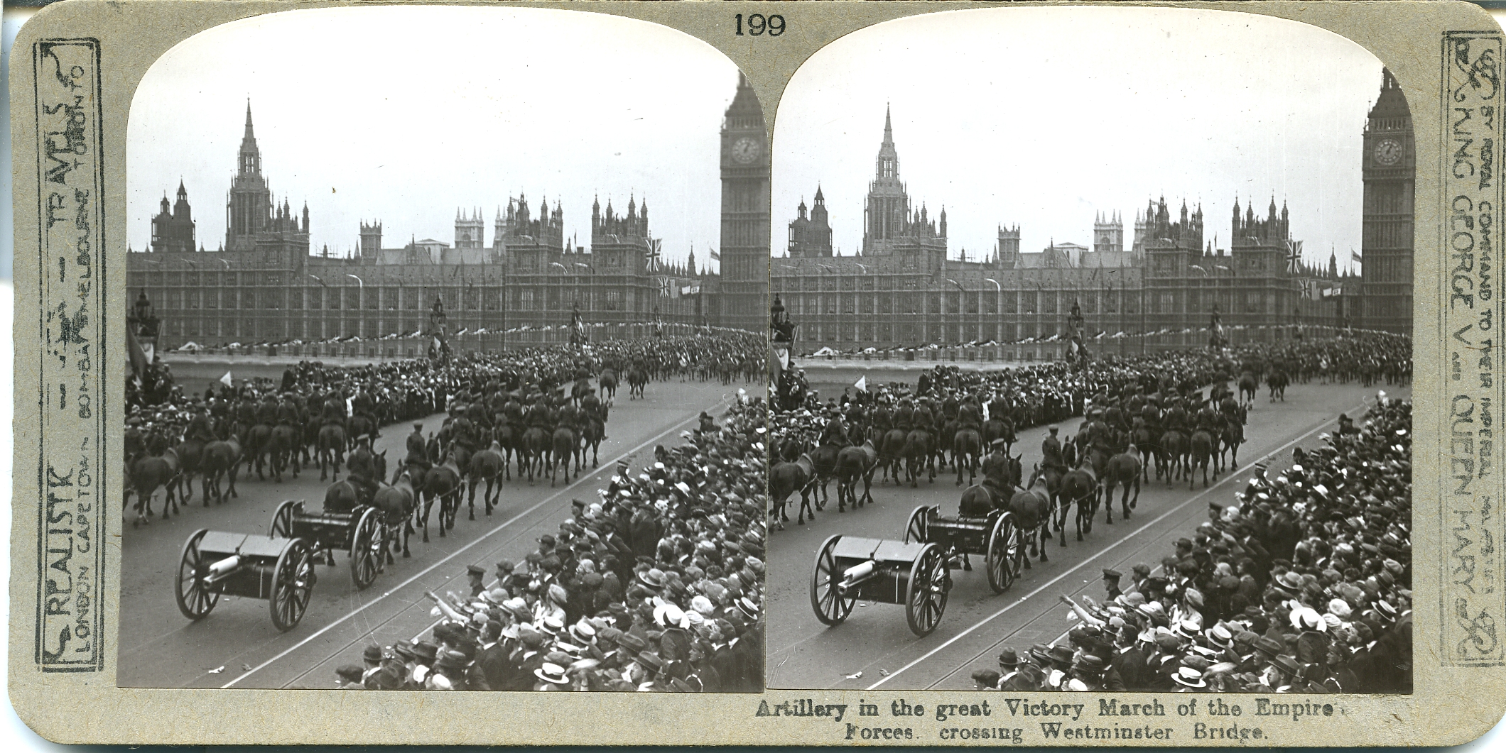 Artillery in the great Victory March of the Empire Forces crossing Westminster Bridge