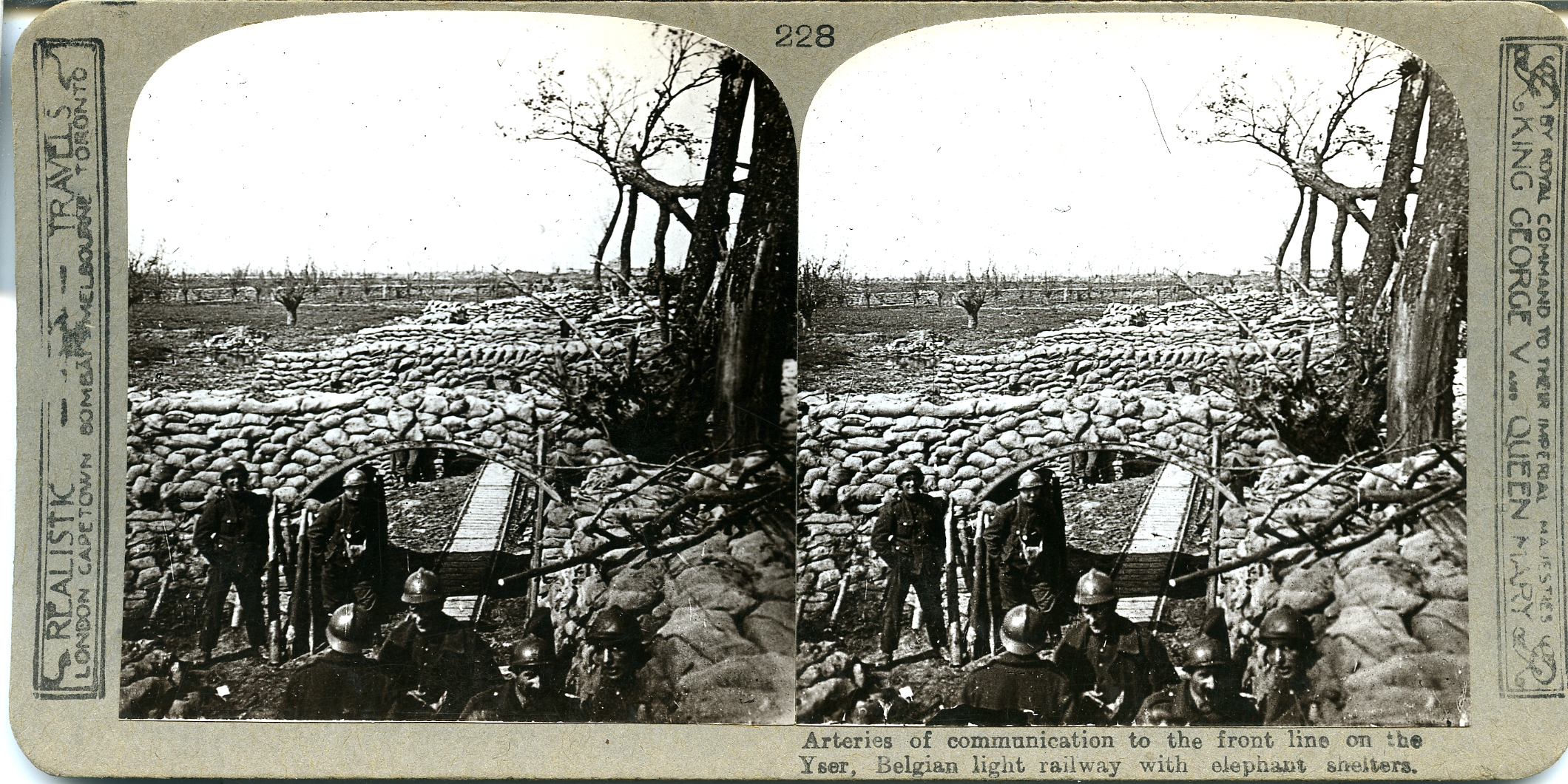 Arteries of communication to the front line on the Yser, Belgian light railway with elephant shelters