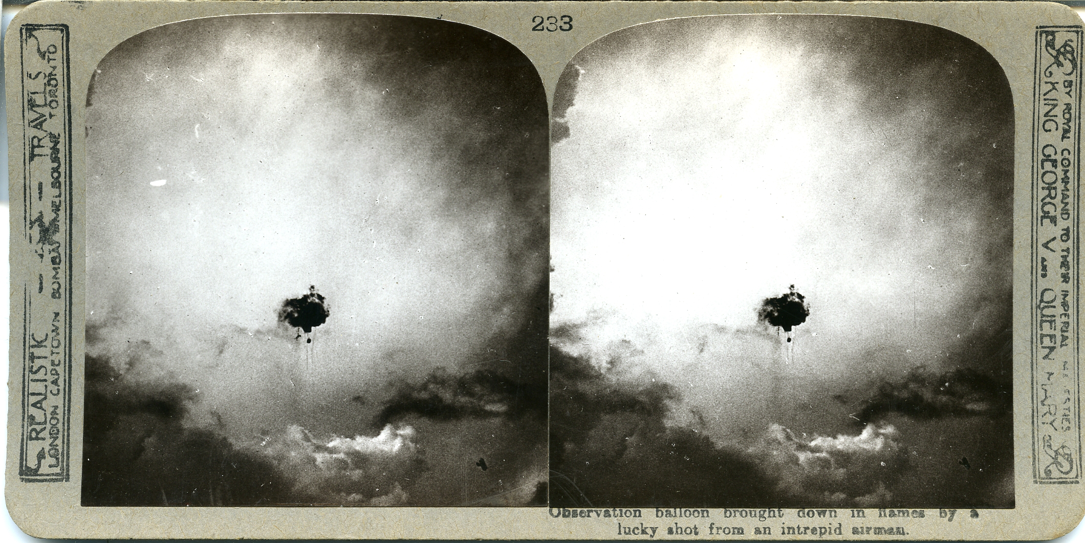 Observation balloon brought down in flames by a lucky shot from an intrepid airman