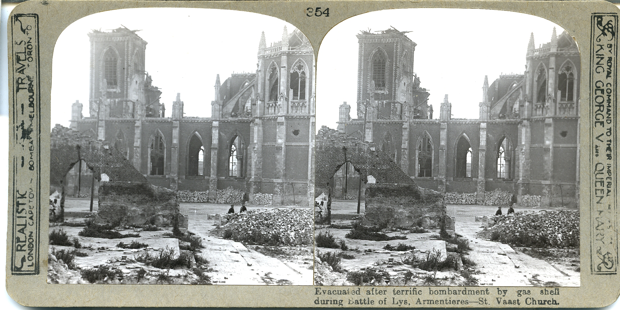 Evacuated after terrific bombardment by gas shell during Battle of Lys. Armentieres--St. Vaast Church