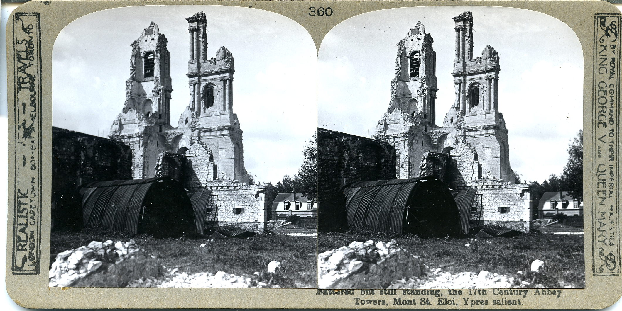 Battered but still standing, the 17th Century Abbey towers. Mont St. Eloi, Ypres salient