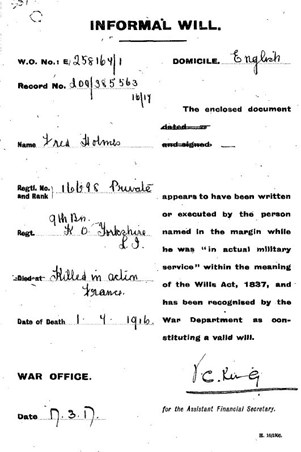 The War Office's Validation Certificate Relating To Fred Holmes' Will