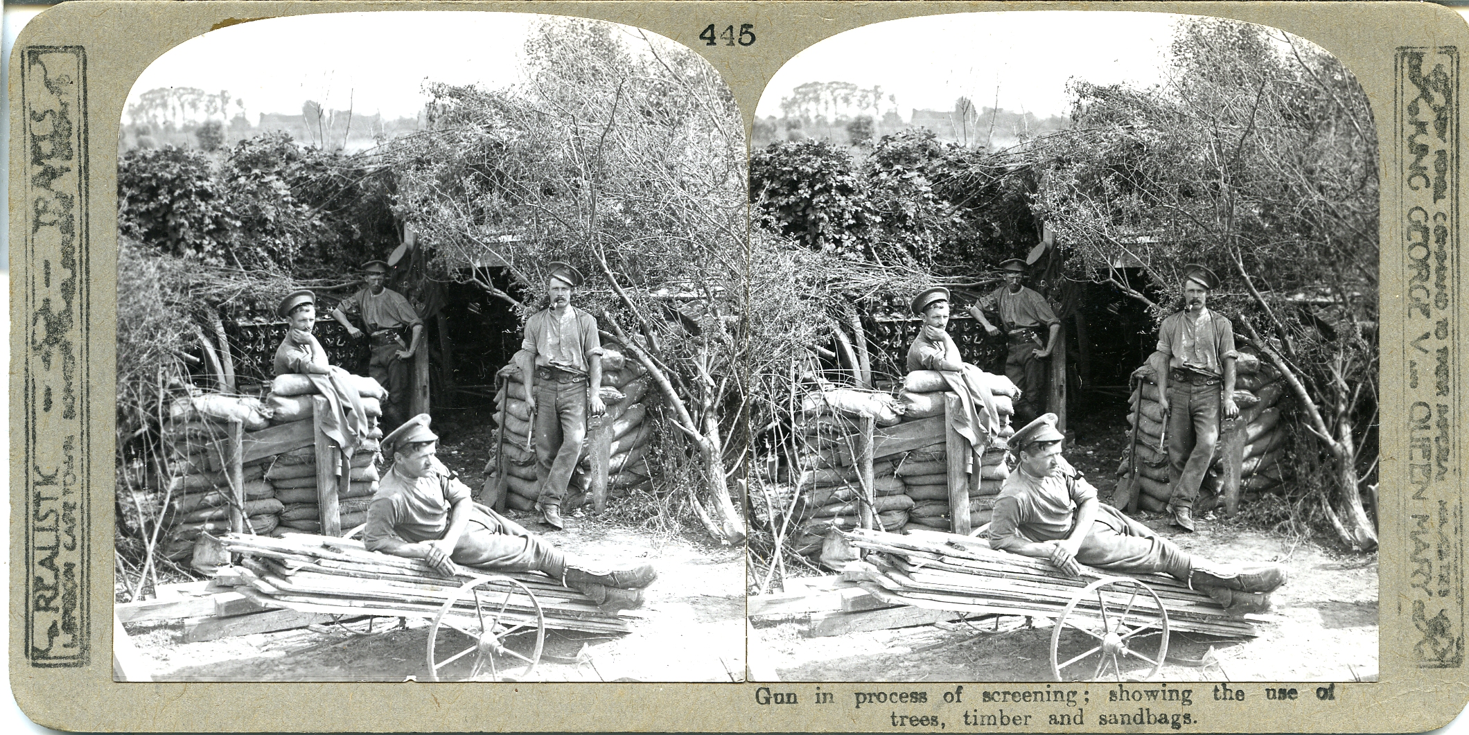 Gun in process of screening: showing the use of trees, timber and sandbags