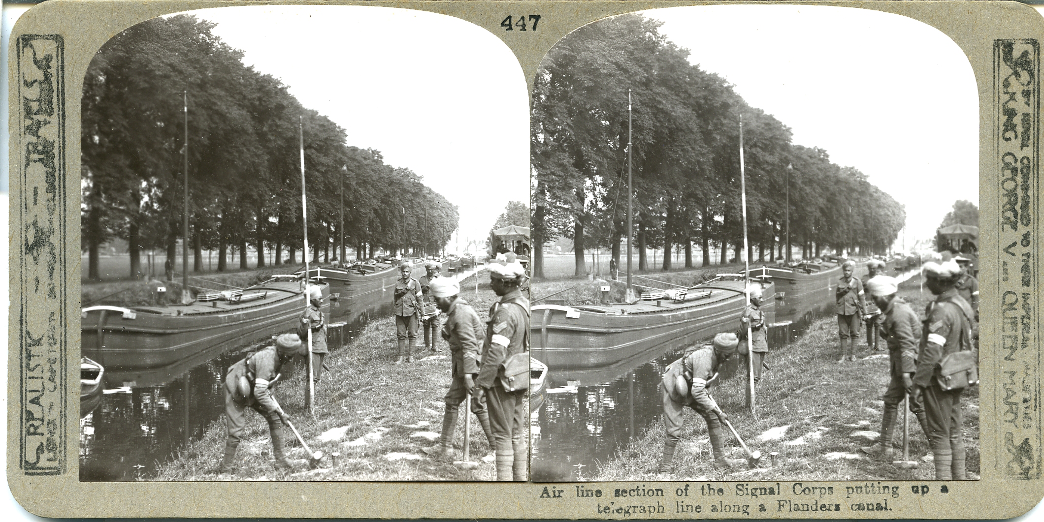 Air line section of the Signal Corps putting up a telegraph line along a Flanders canal