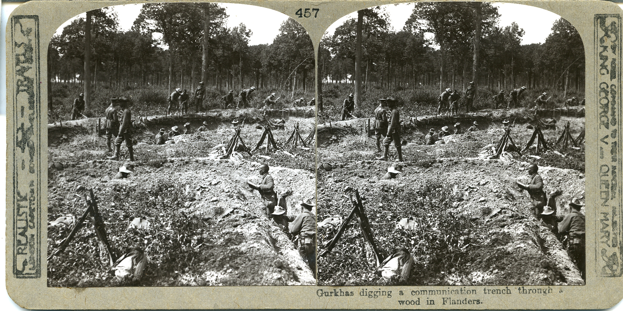Gurkhas digging a communication trench through a wood in Flanders