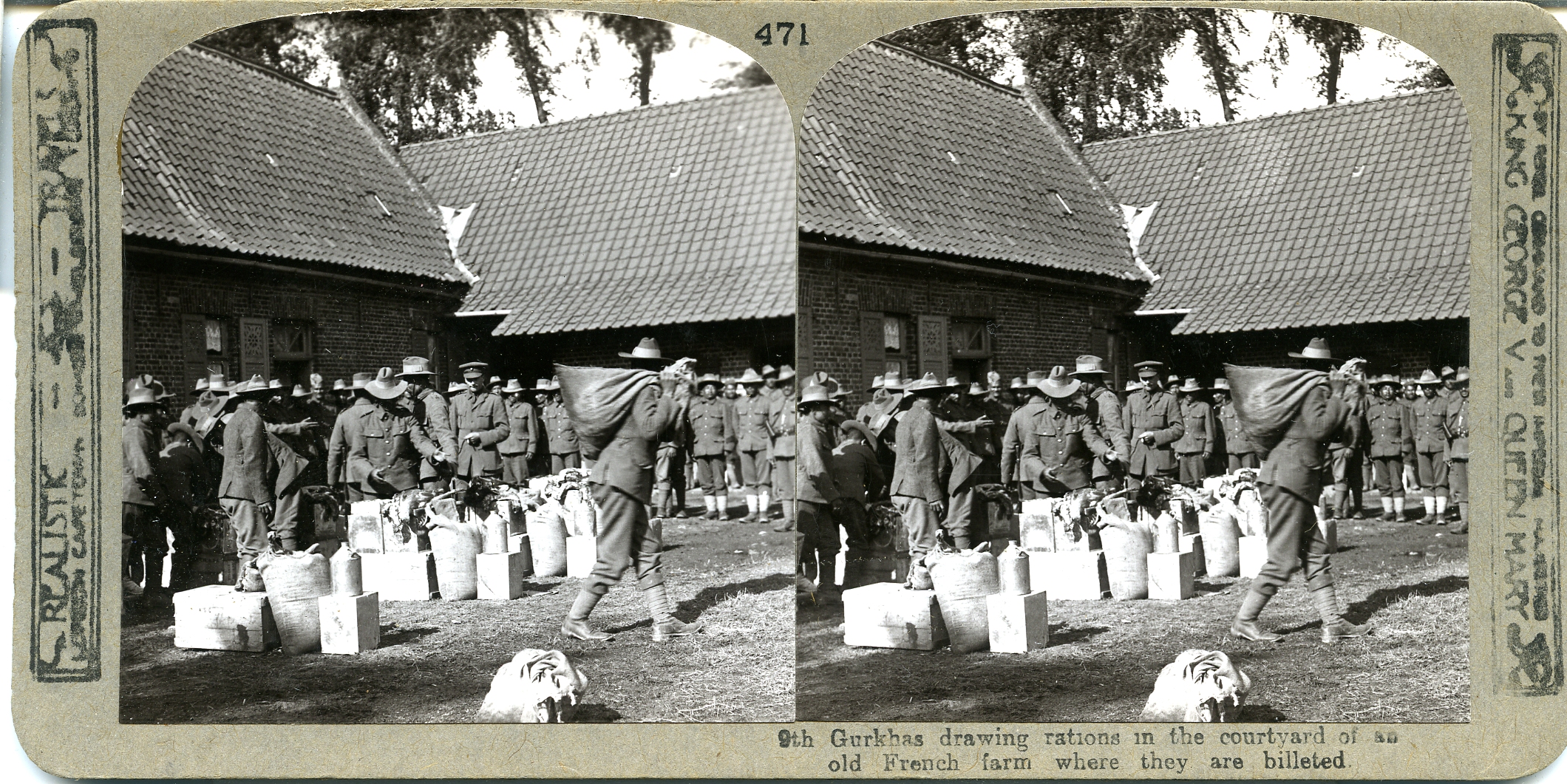 9th Gurkhas drawing rations in the courtyard of an old French farm where they are billeted