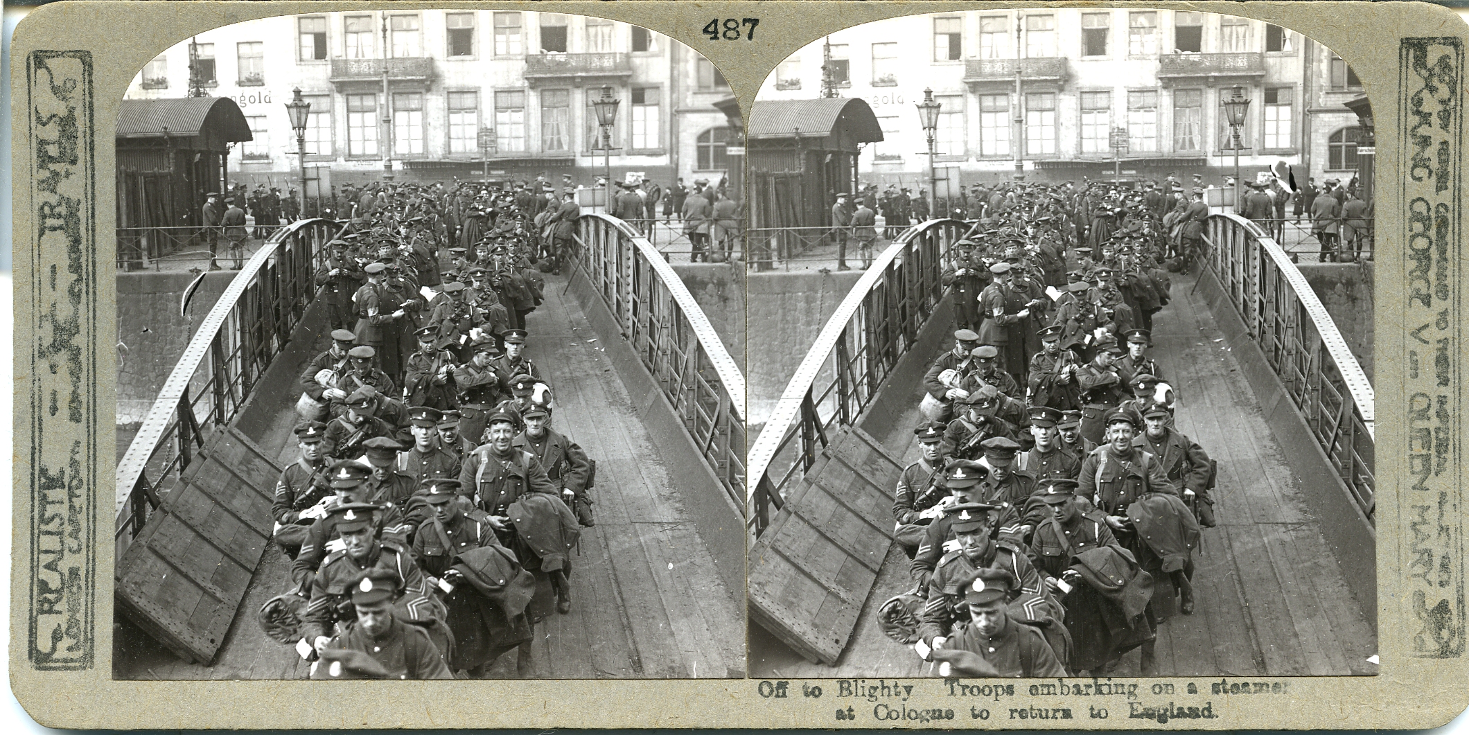 Off to Blighty. Troops embarking on a steamer at Cologne to return to England