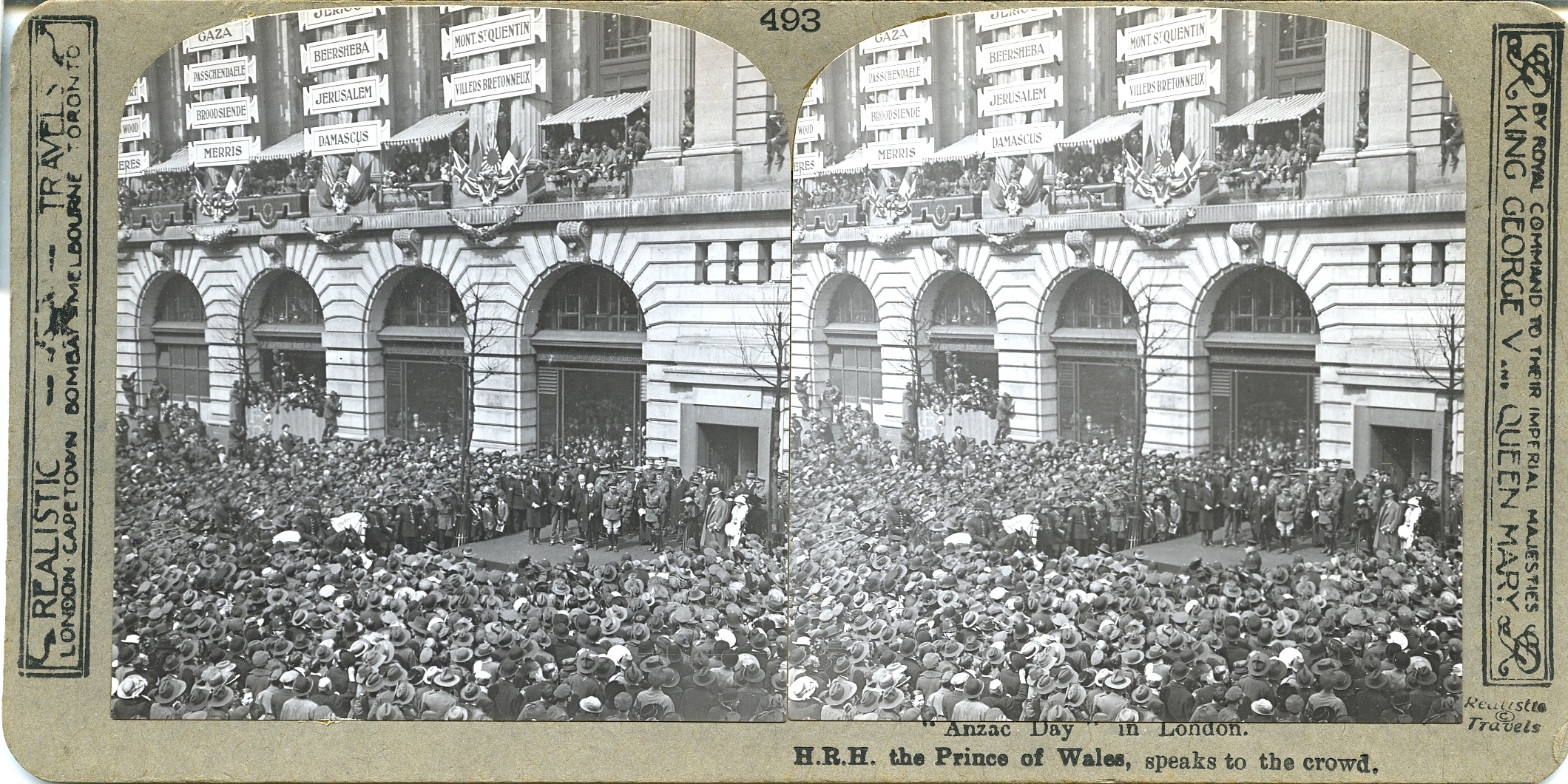 H.R.H. The Prince of Wales addressing a huge crowd on Anzac day outside Australia House