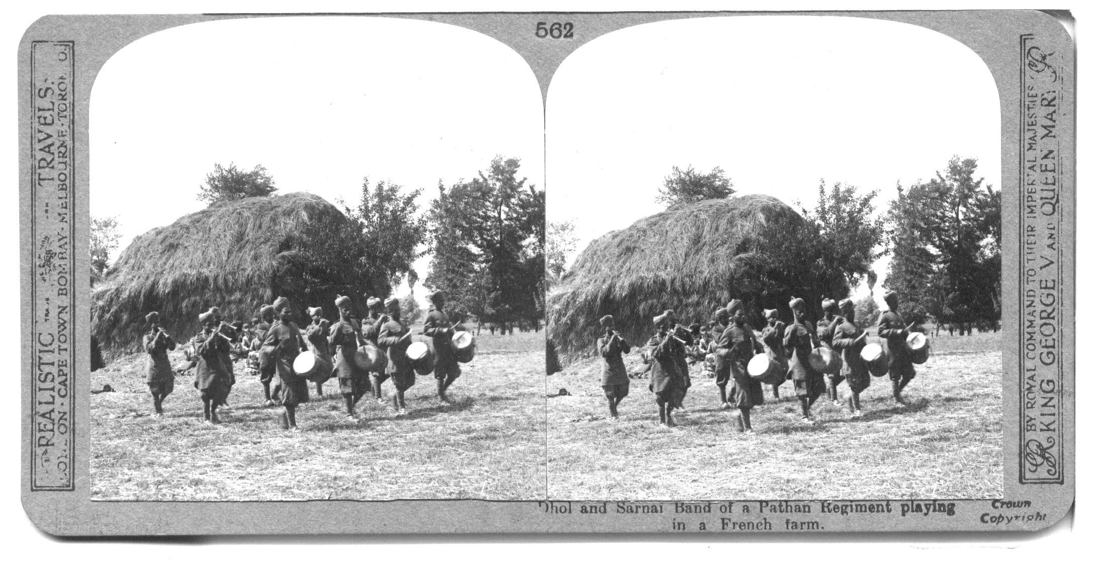 Dhol and Sarnai Band of a Pathan Regiment playing in a French farm