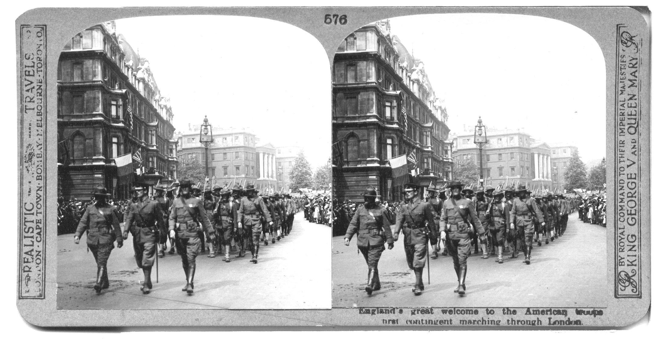 England's great welcome to the American troops first contingent marching through London