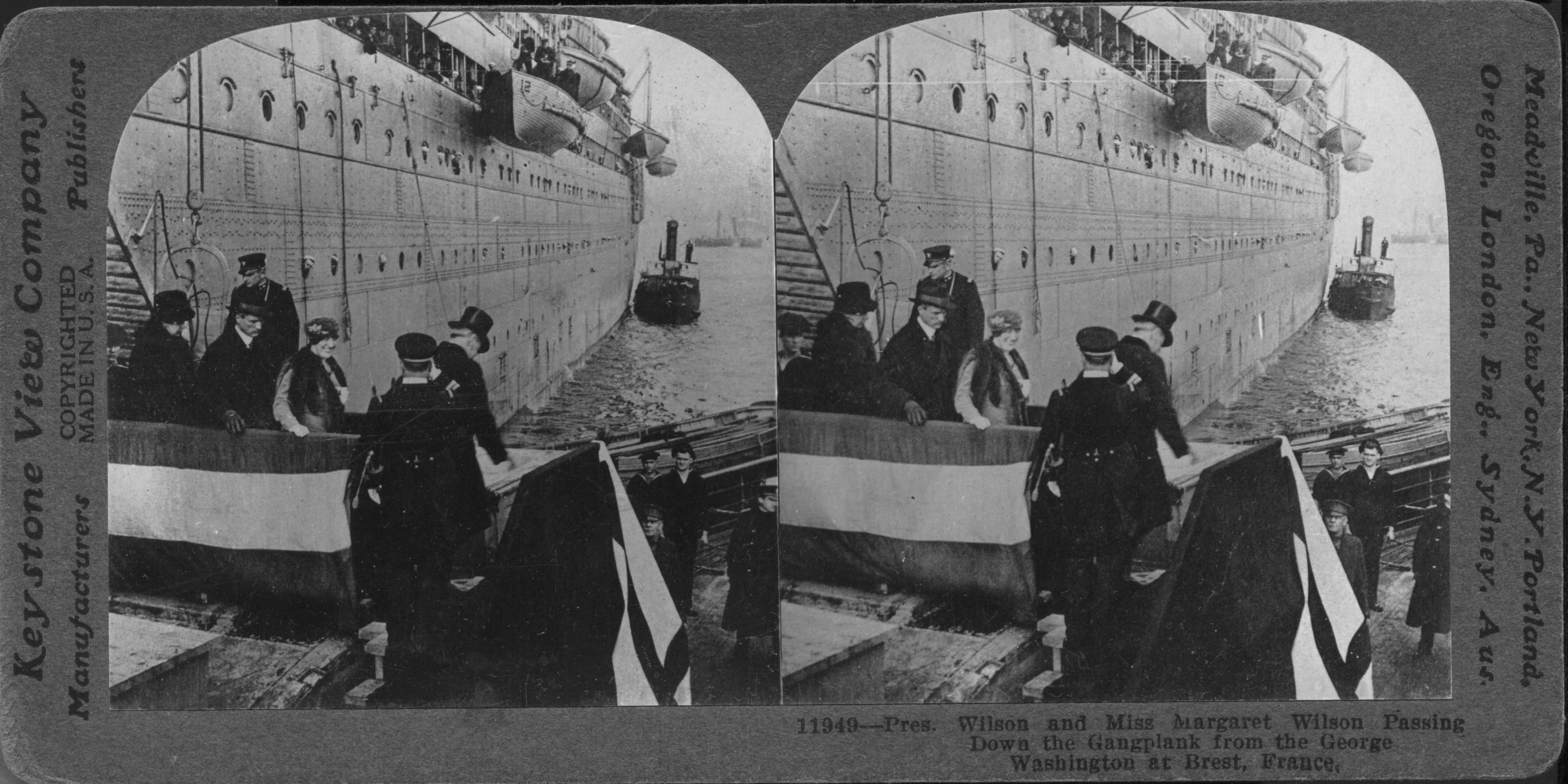 Pres. Wilson and Miss Margaret Wilson Passing Down the Gangplank from the George Washington at Brest