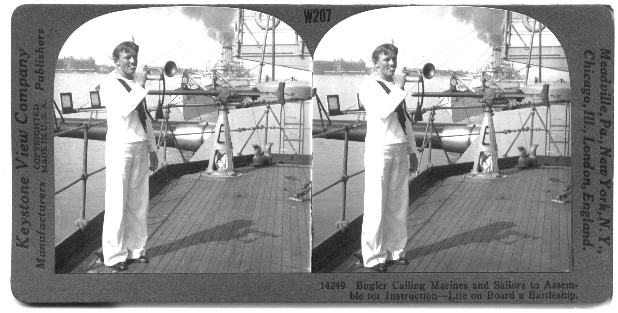 Bugler Calling Marines and Sailors to Assemble for Instruction Life on Board a Battleship