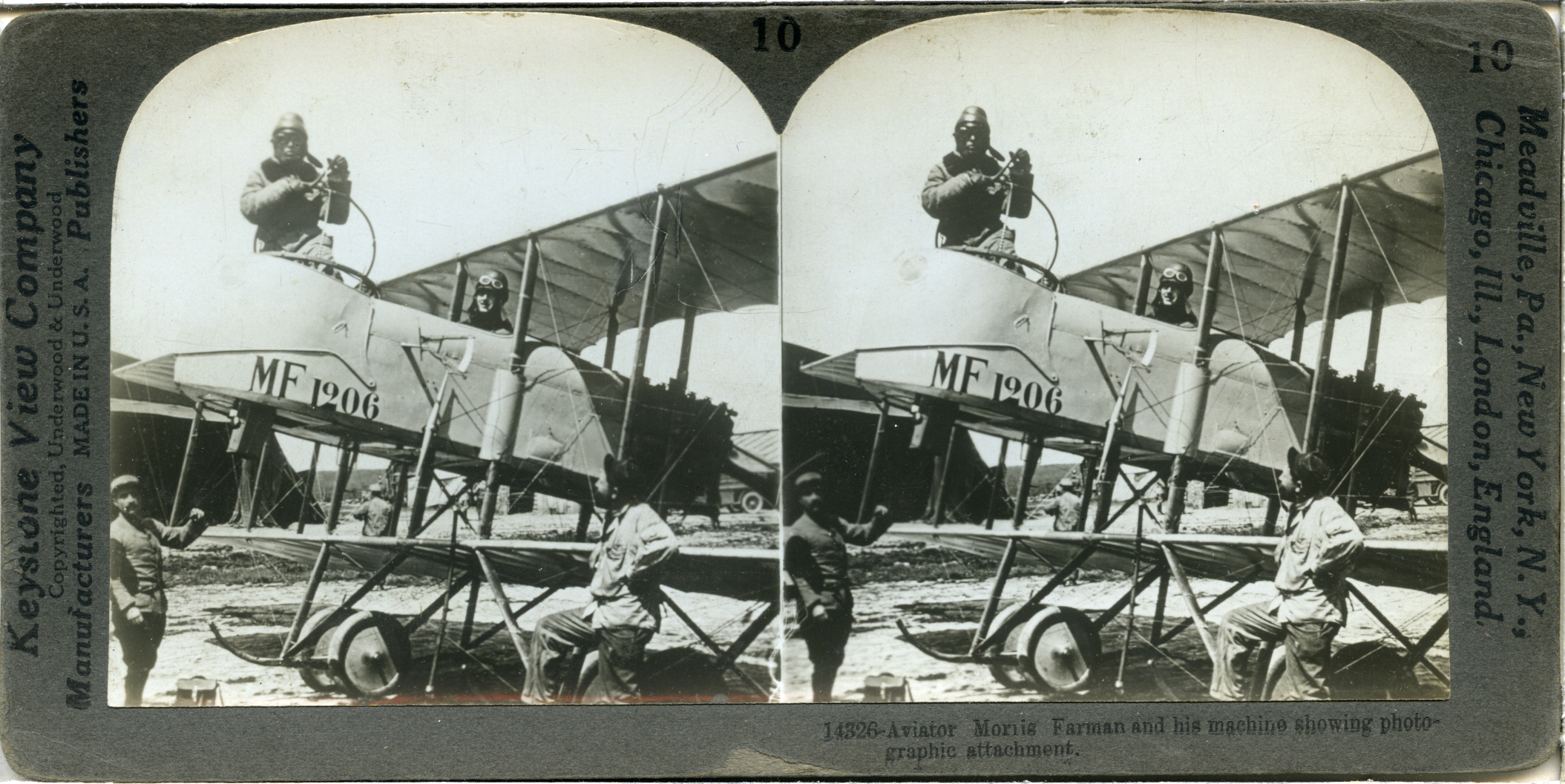 Aviator Morris Farman and his machine showing photographic attachment
