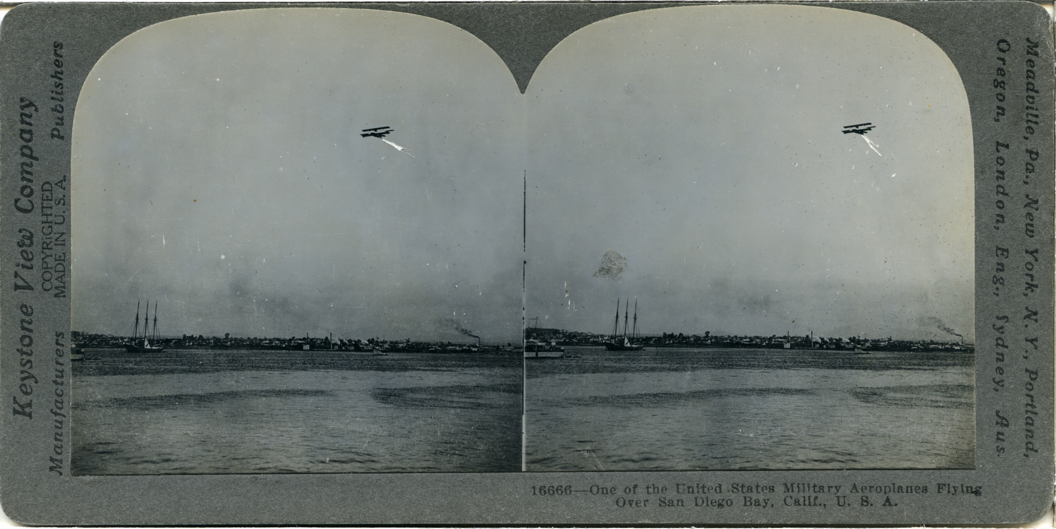 One of the United States Military Aeroplanes Flying Over San Diego Bay, U. S. A.
