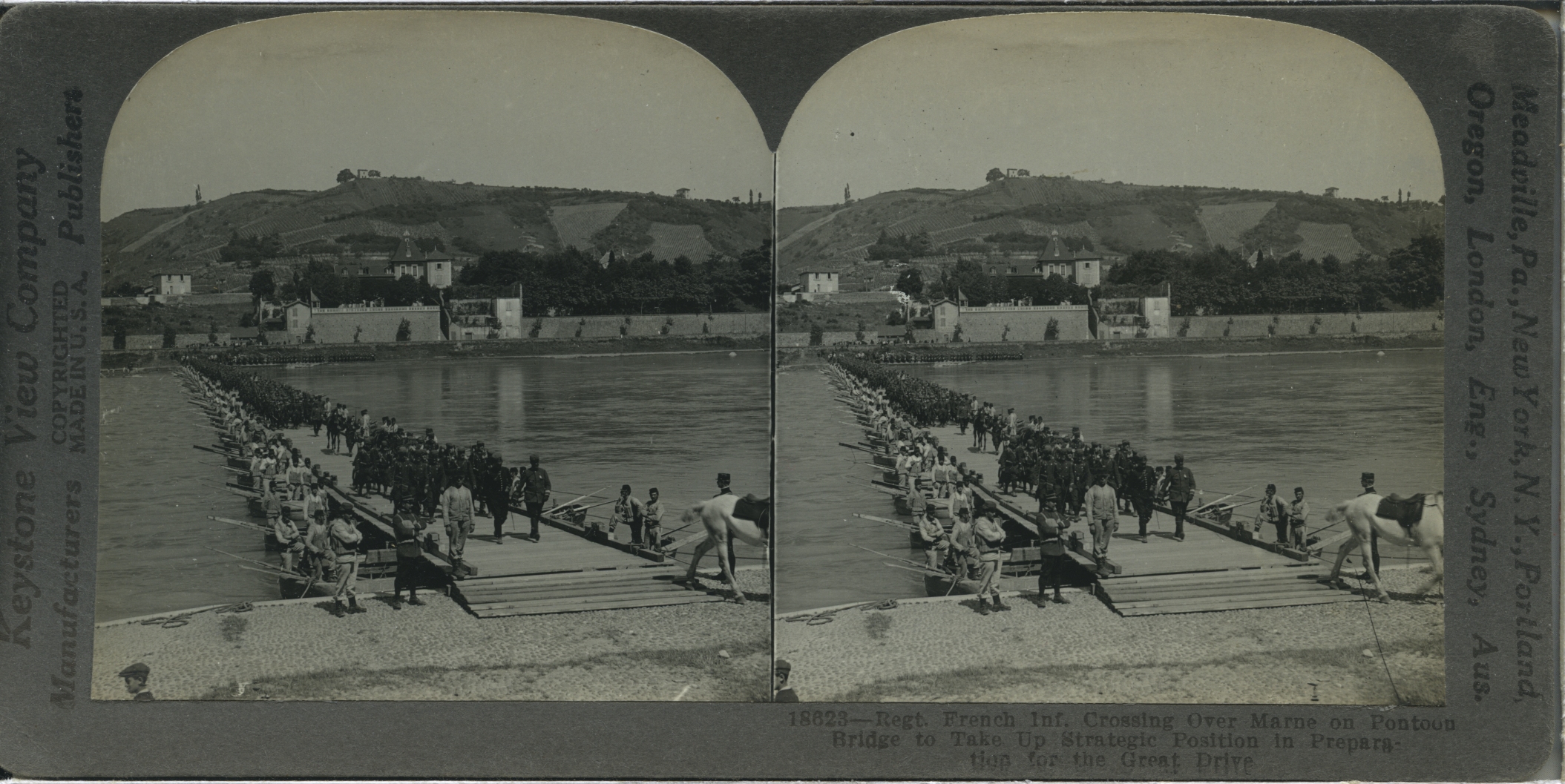 Regt. French Inf. Crossing Over Marne on Pontoon Bridge to Take Up Strategic Position in Preparation for the Great Drive