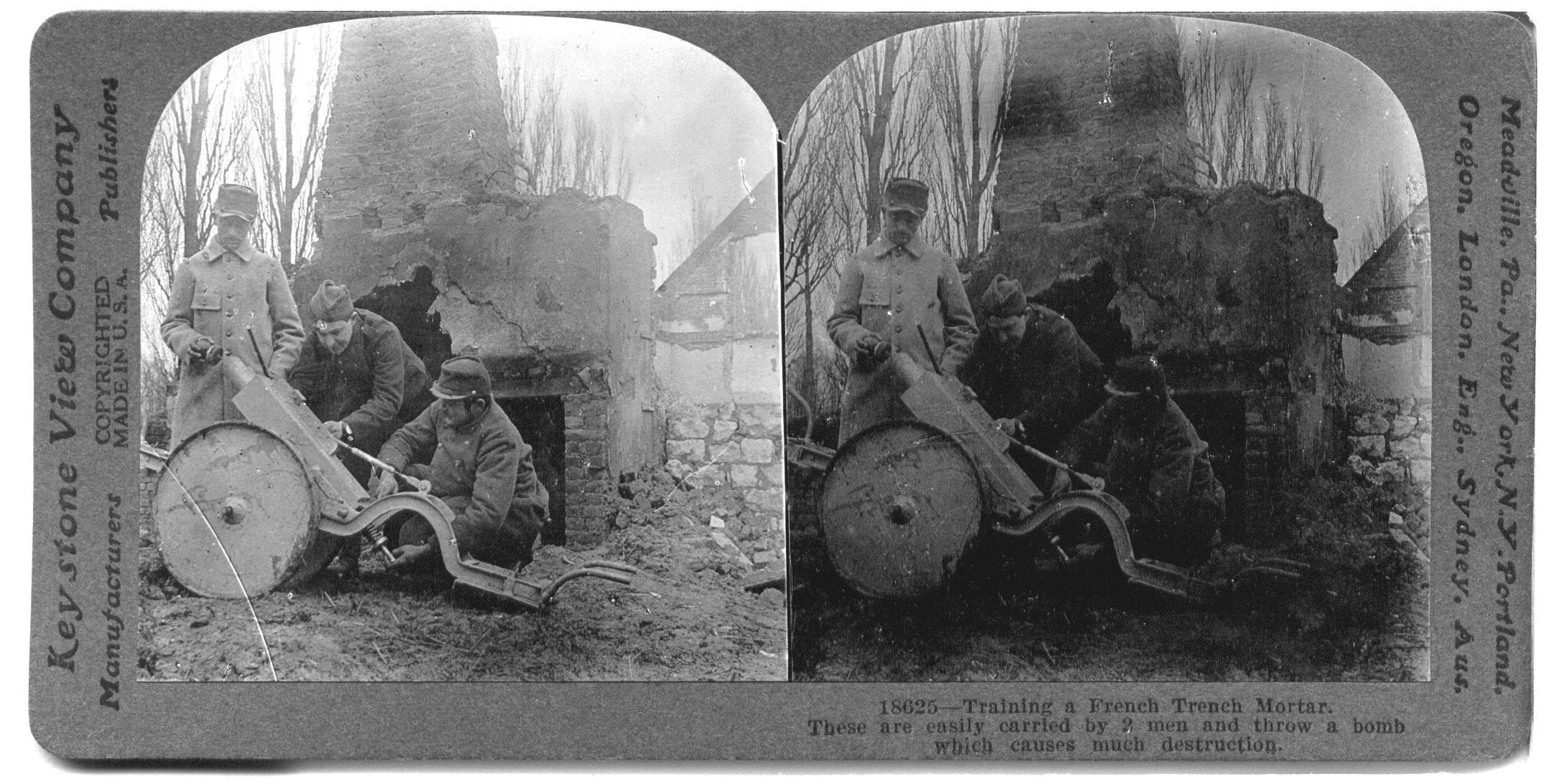 Training a French Trench Mortar; These are easily carried by 2 men and throw a bomb which causes much destruction