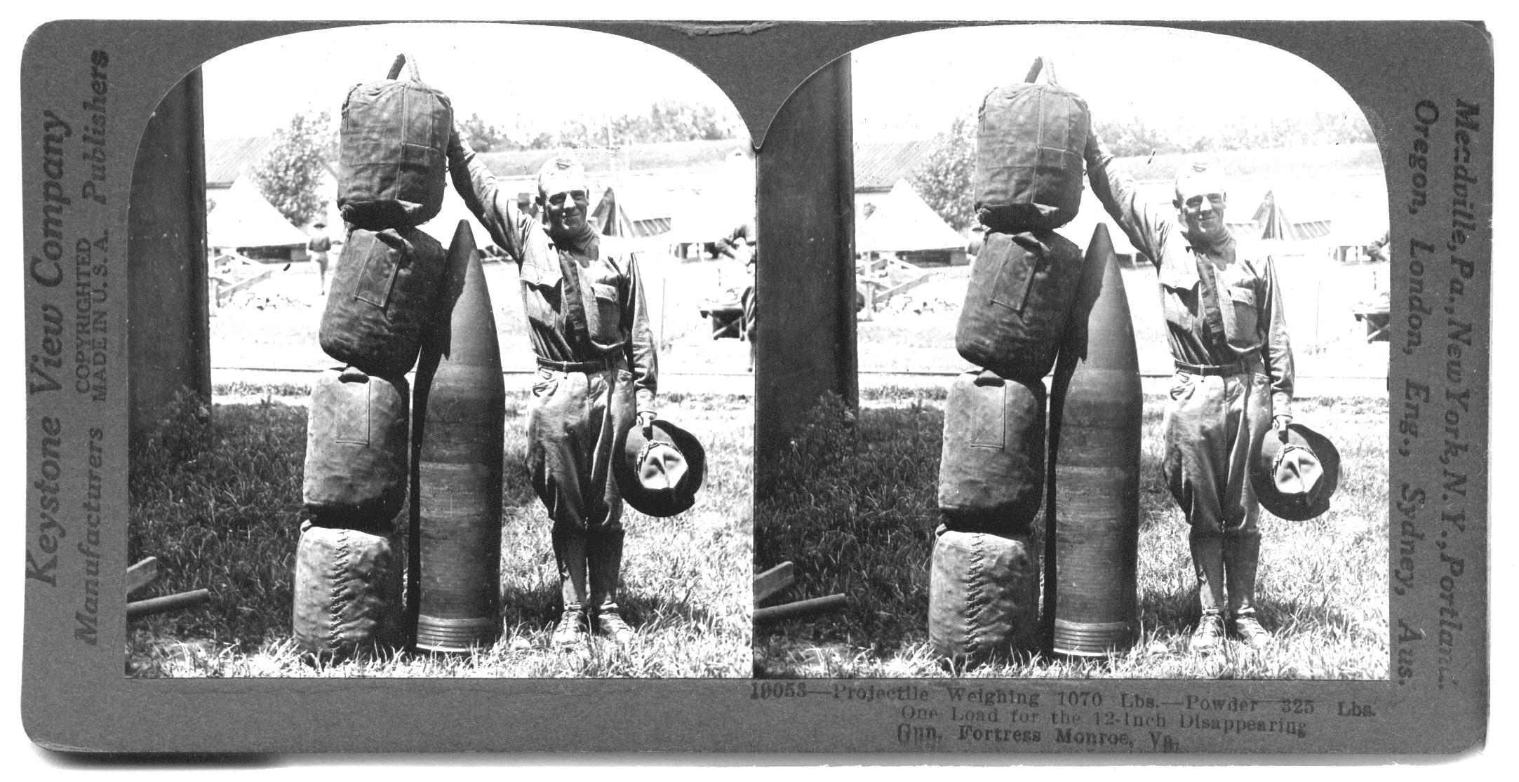 Projectile Weighing 1070 Lbs. - Powder 325 Lbs. One Load for the 12-inch Disappearing Gun. Fortress Monroe, Va.