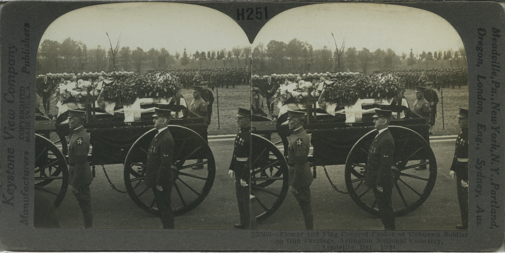Flower and Flag Covered Casket of Unknown Soldier on Gun Carriage, Arlington National Cemetery, Armistice Day, 1921