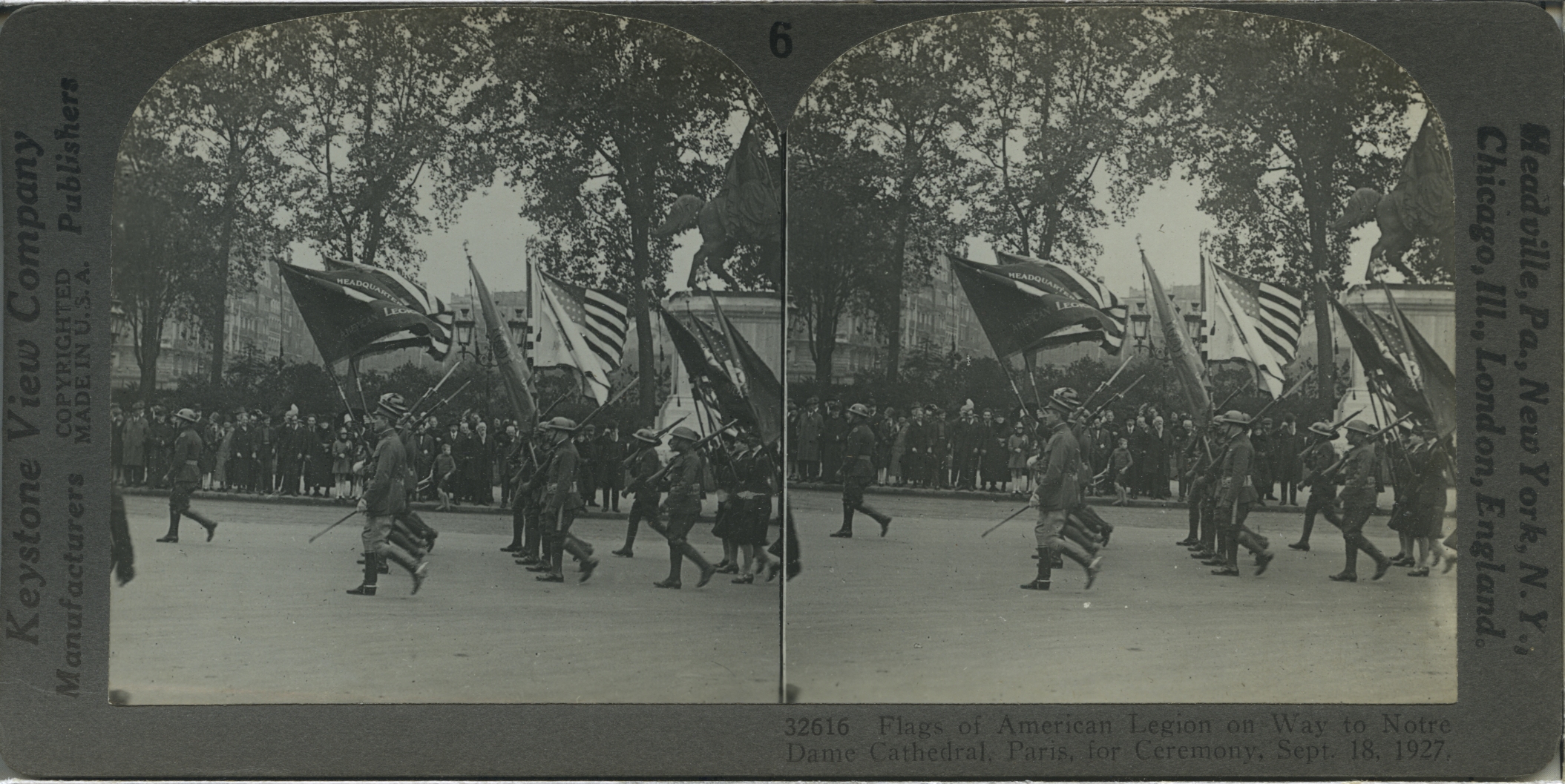 Flags of American Legion on Way to Notre Dame Cathedral, Paris, for Ceremony, Sept. 18, 1927.