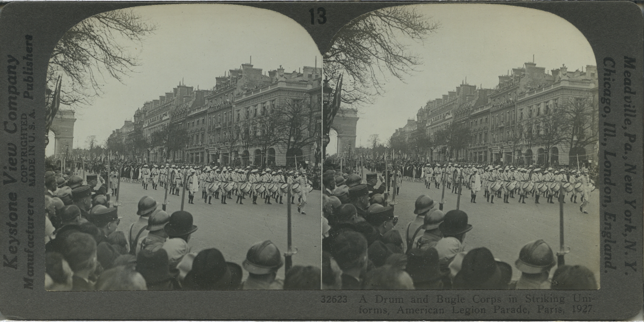 A Drum and Bugle Corps in Striking Uniforms, American Legion Parade, Paris, 1927.