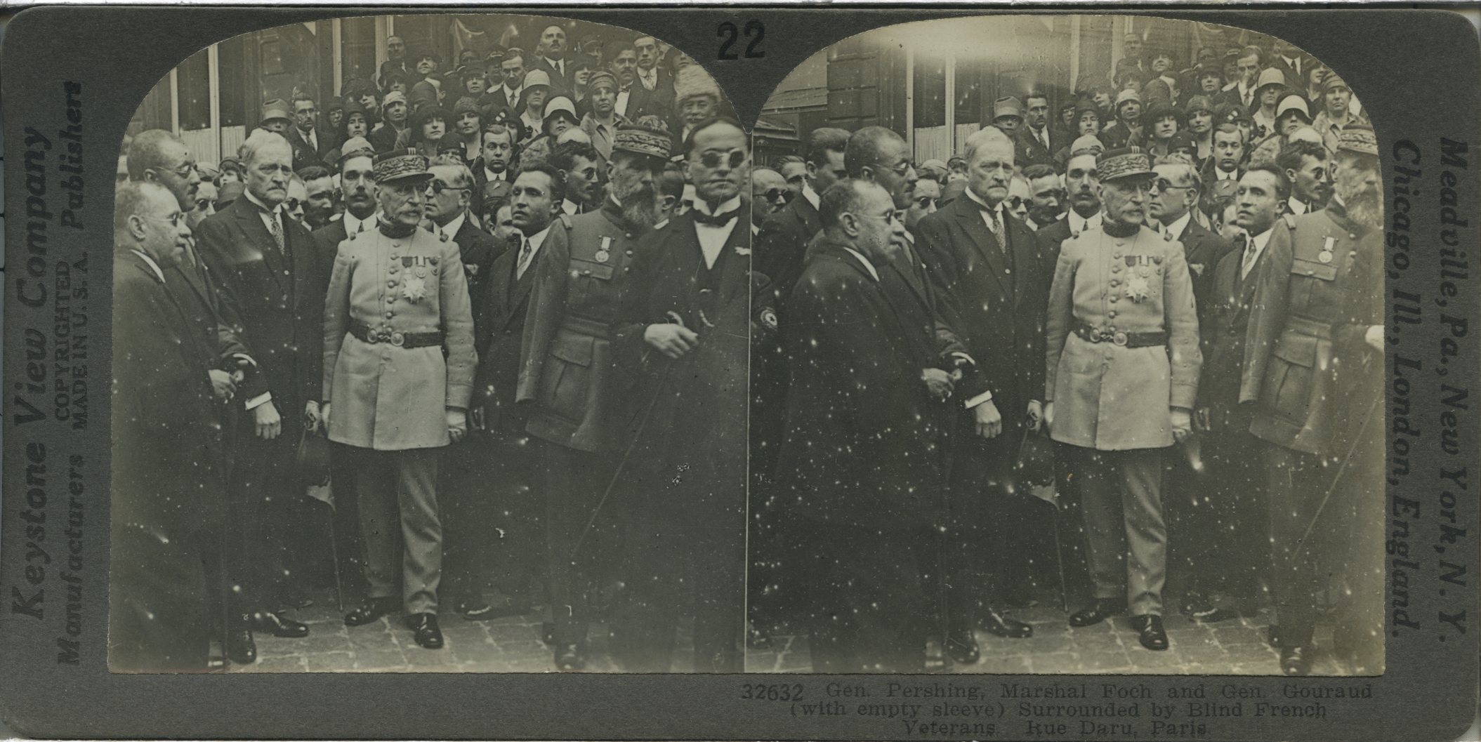 Gen. Pershing, Marshal Foch and Gen. Gouraud (with empty sleeve) Surrounded by Blind French Veterans, Rue Daru, Paris.