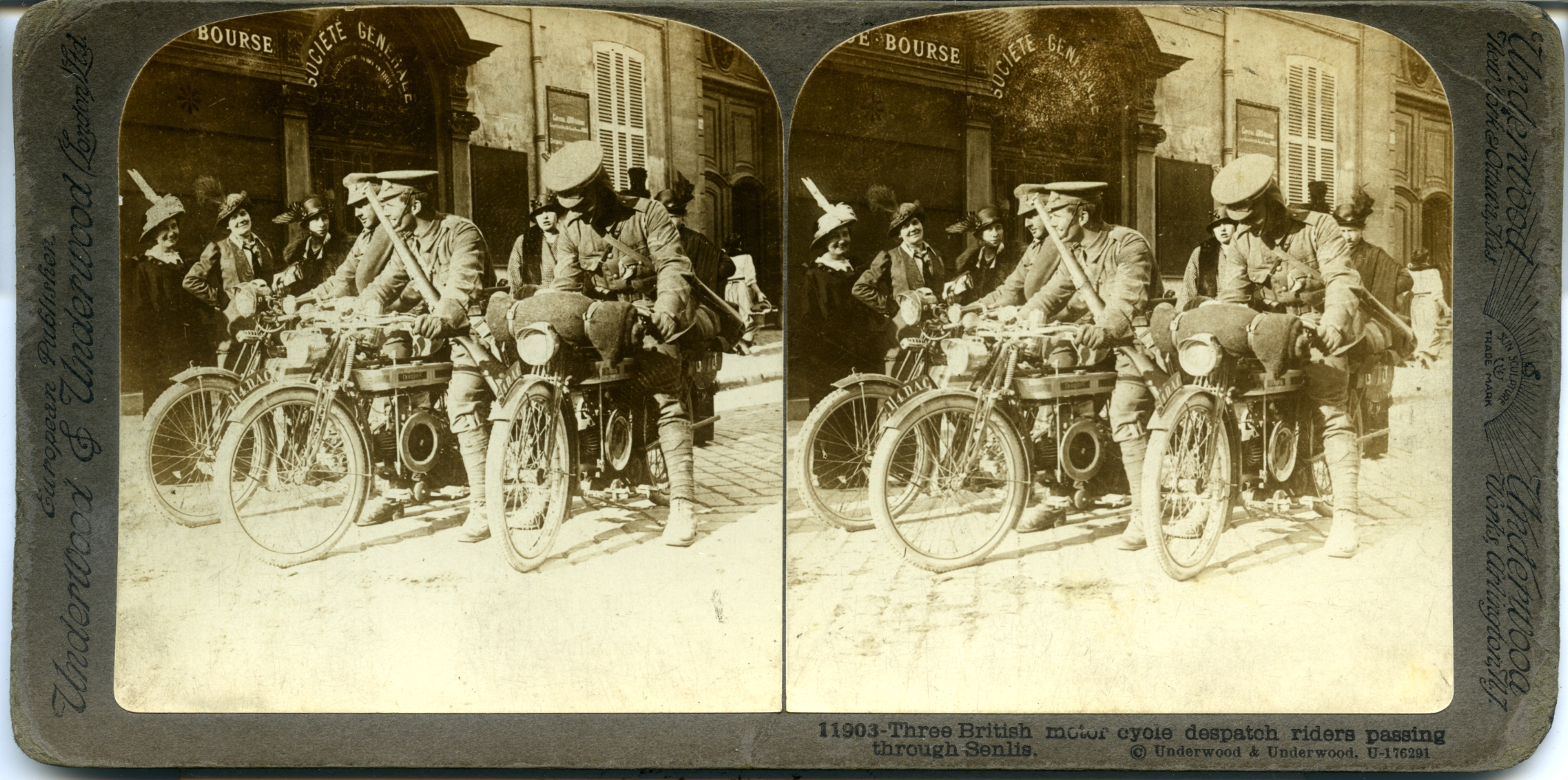 Three British motor cycle despatch riders passing through Senlis